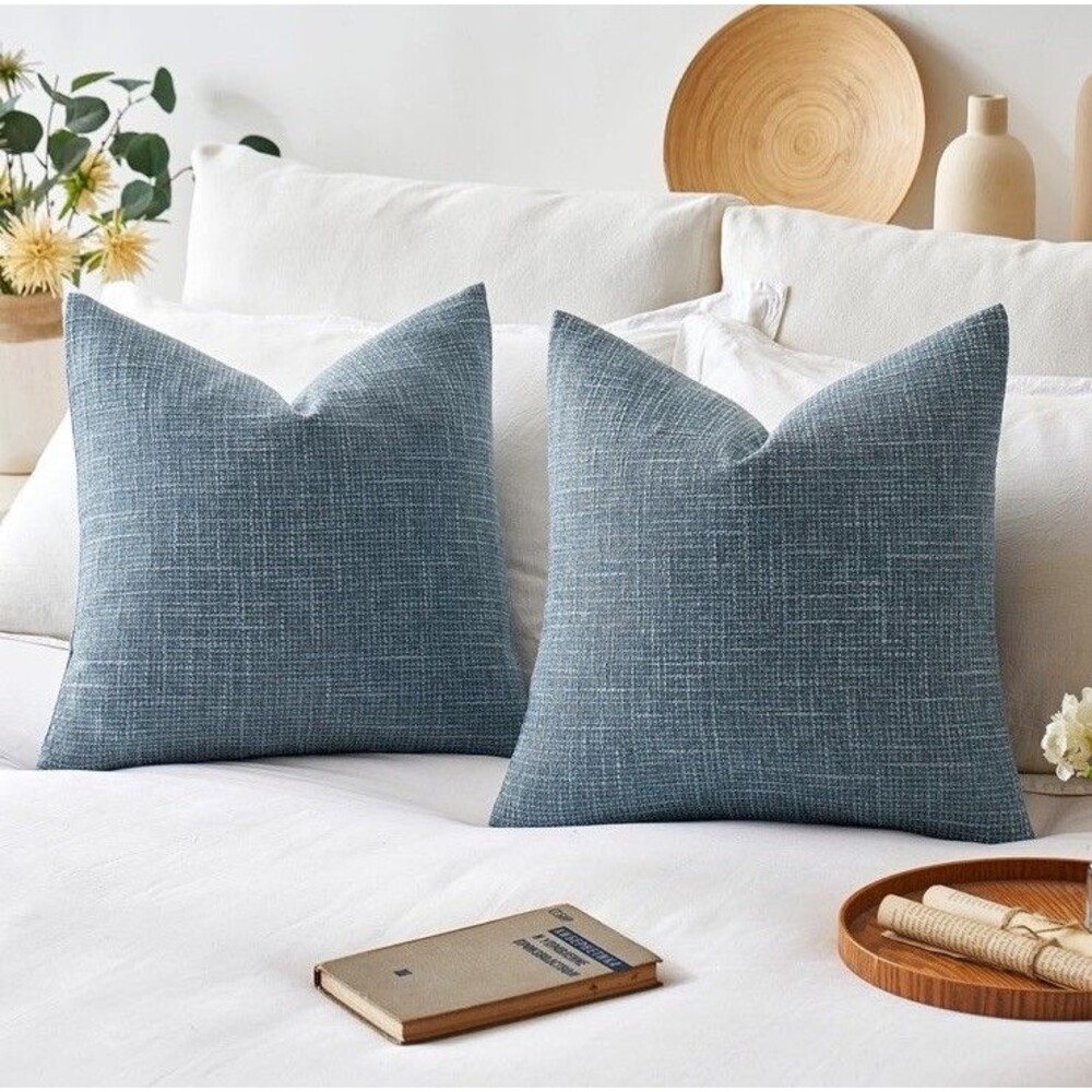 Burlap Tweed Set Of 2 Pillow Covers 2- 18 X 18in Blue Modern Farmhouse